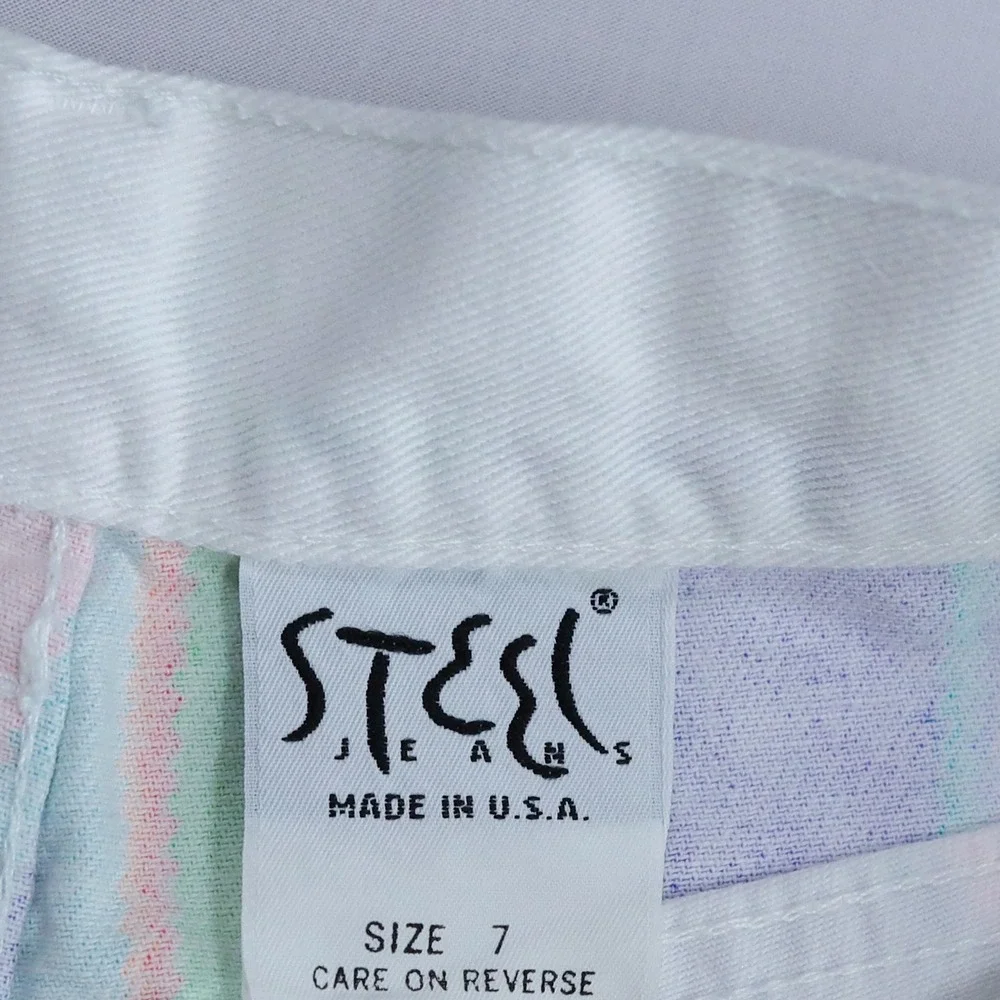 Vintage‎ 90s Steel Jeans Denim Shorts Womens 7 White Rainbow Stripe Fringe USA